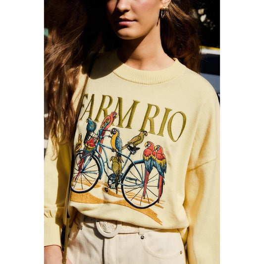 Farm Rio Birds Bicycle Embroidery Sweater - Yellow  Farm Rio Pisces Boutique