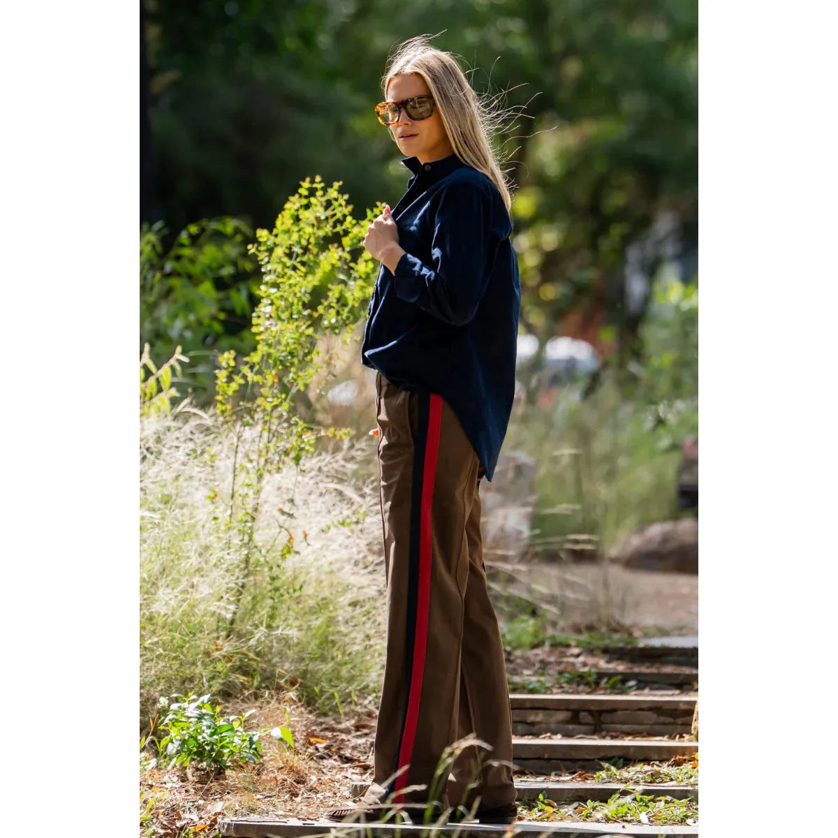 Shirty The Lucile Velvet Twill Pant - Choc Navy Ruby Stripe  Shirty Pisces Boutique